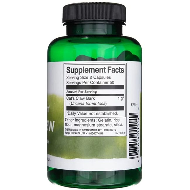 Achterkant groene fles. Etiket met voedingswaarde-informatie. Bevat kattenklauw, gelatine, rijstmeel, magnesiumstearaat, silica.