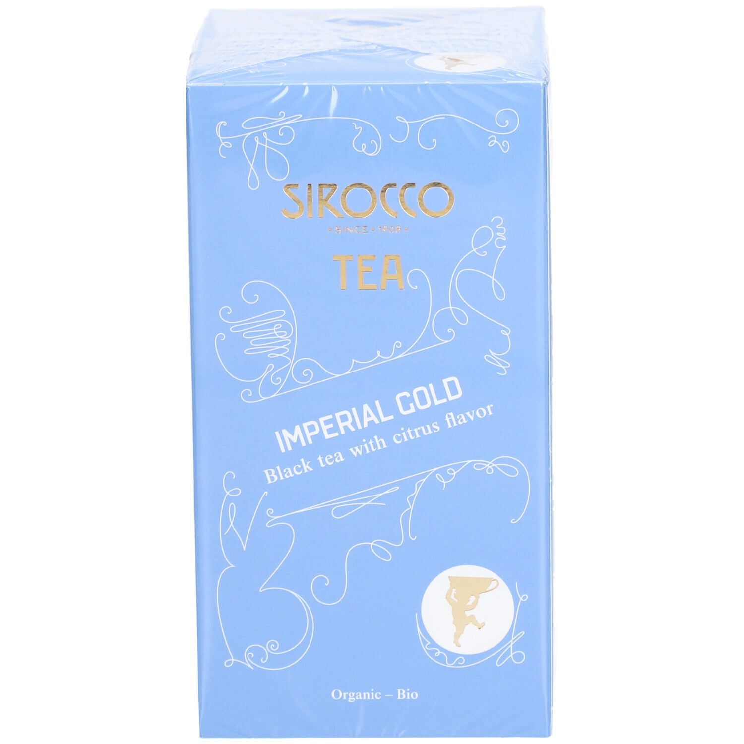 Boîte bleu clair "Sirocco Tea Imperial Gold Black mit Zitrone & Orange". Emballée dans du film plastique.