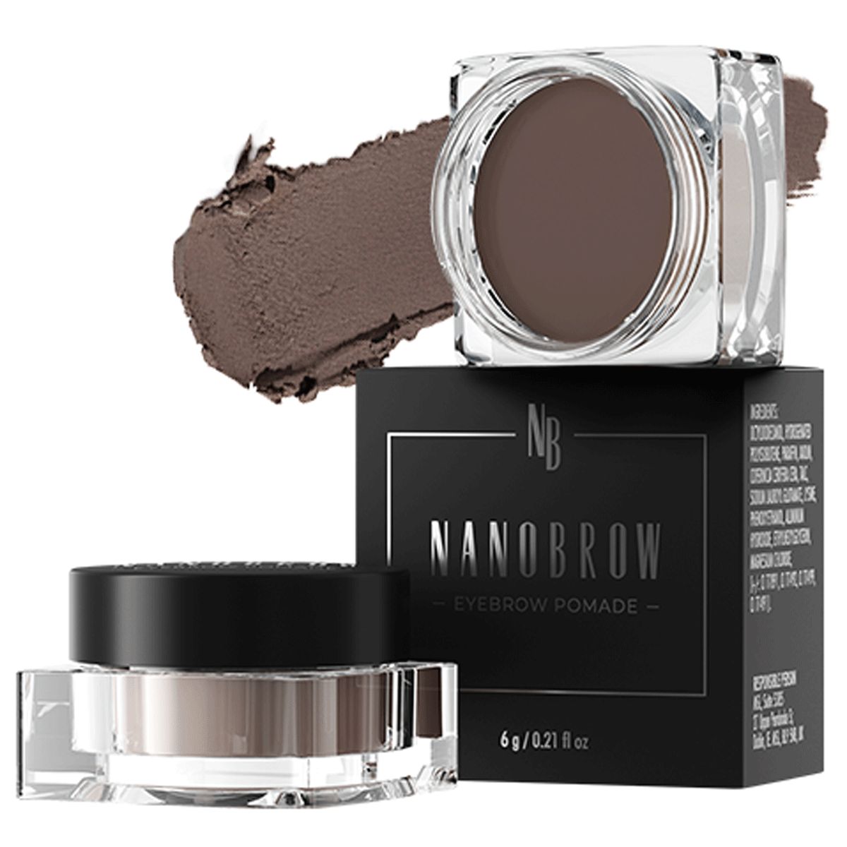 Pommade à sourcils Nanobrow brun foncé, avec un applicateur en spirale à côté, dans un pot transparent à couvercle noir, à côté de sa boîte.