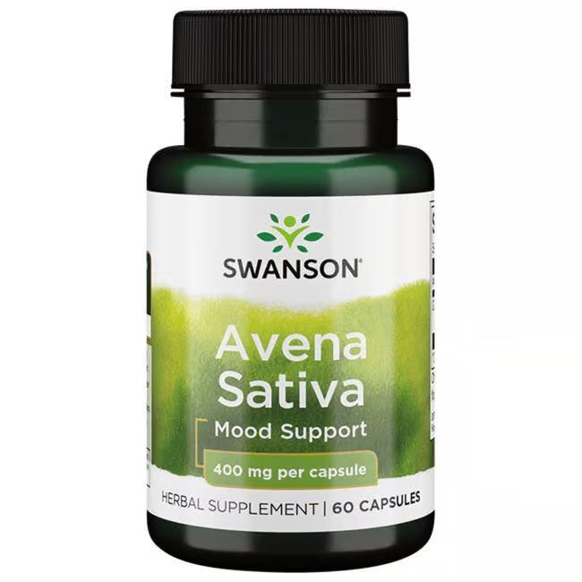 Groene fles met zwarte dop. Opschrift: SWANSON, Avena Sativa, Mood Support, 400 mg per capsule. 60 capsules.