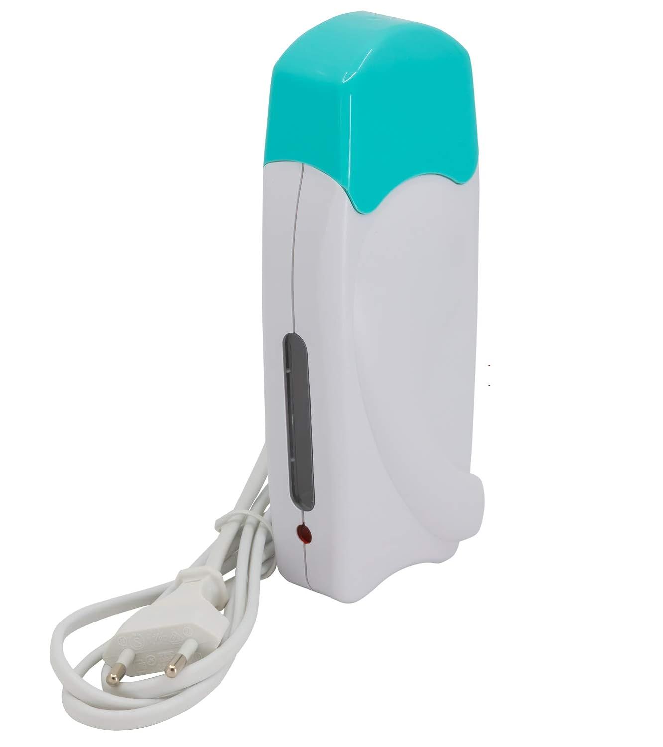 Witte waxverwarmer met turkoois deksel. Venster en rood licht. Stroomkabel met stekker.