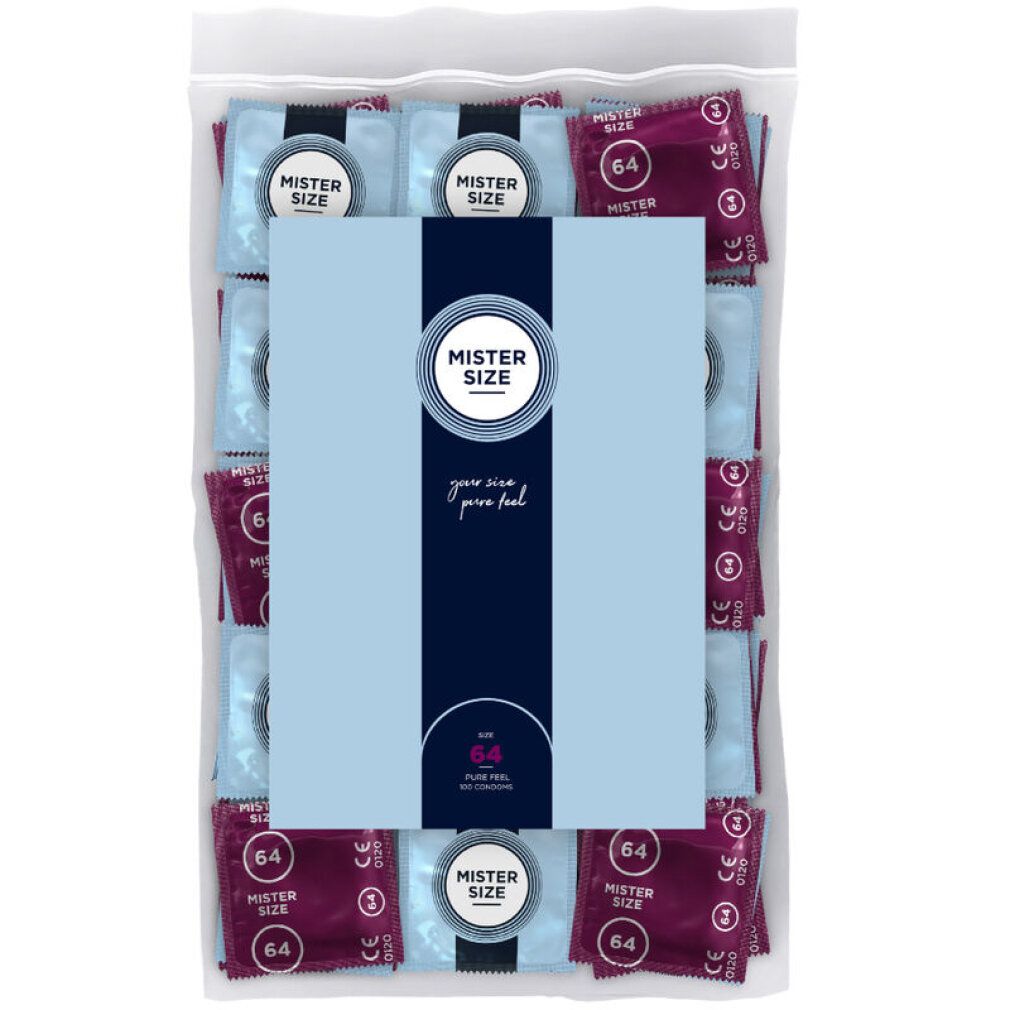 Sachet de préservatifs. Emballages individuels bleus et violets. Inscription : Mister Size, 64.