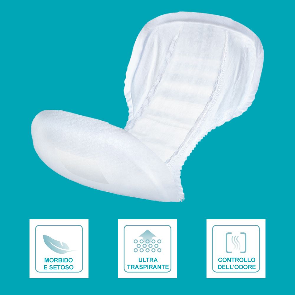 Dailee Comfort Super Pannoloni Sagomati blanc. Symboles : doux, ultra-respirant, contrôle des odeurs.