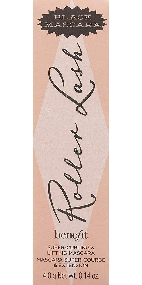 Zwarte mascaraverpakking. Tekst: Roller Lash, Benefit. Super-Curling & Lifting Mascara. 4,0 g.