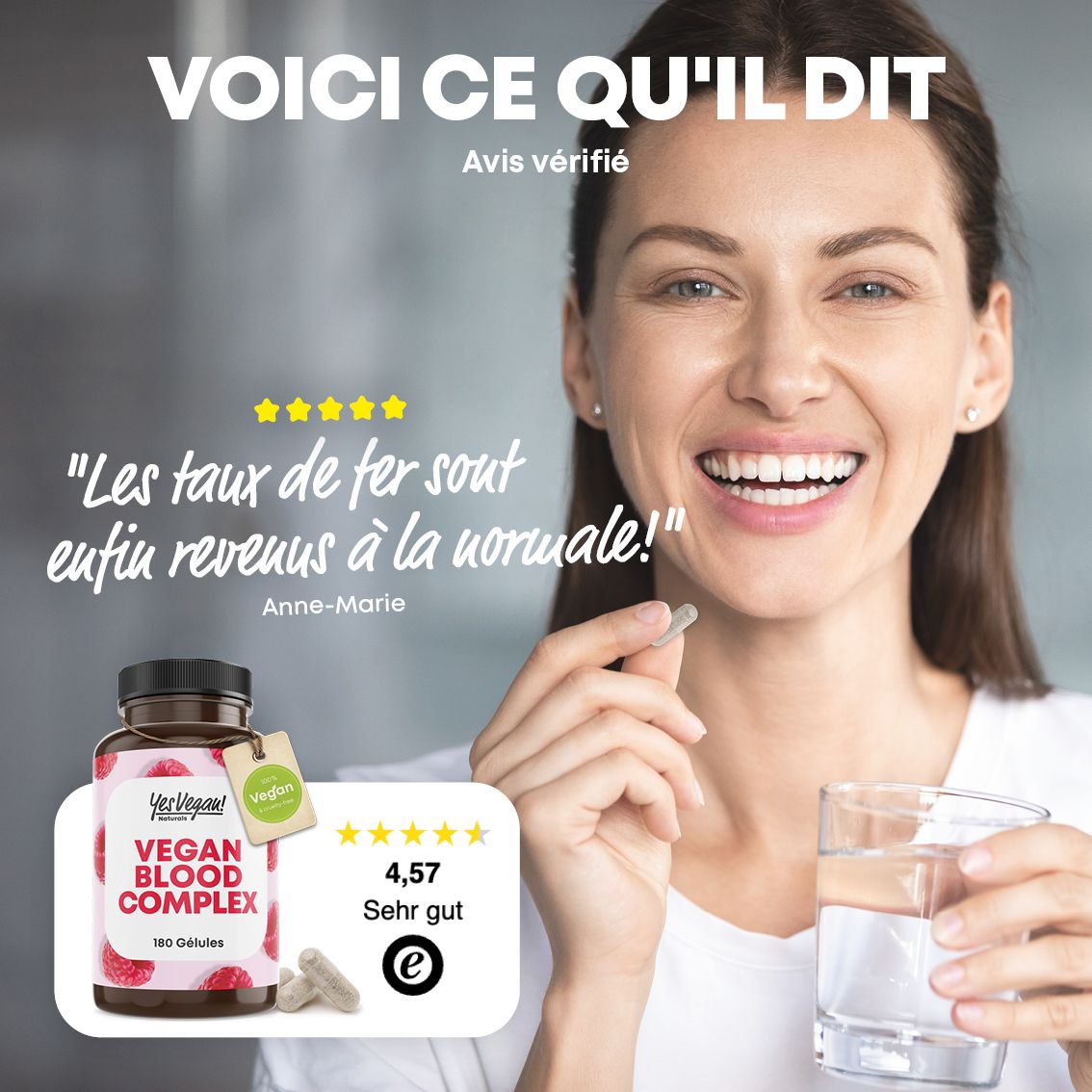 Femme tenant une gélule et un verre d'eau, avec une citation sur les niveaux de fer.