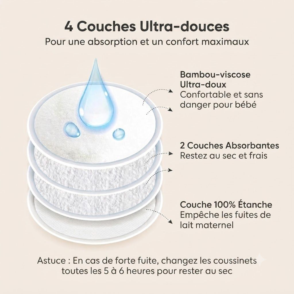 Quatre couches ultra-douces pour une absorption et un confort maximums. Bambou-viscose, 2 couches absorbantes, 1 couche imperméable.