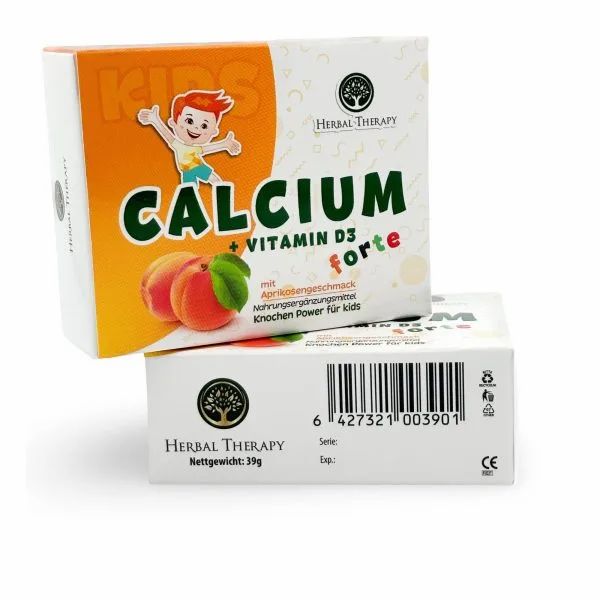 Deux boîtes de produit. Inscription CALCIUM + VITAMINE D3 forte, goût abricot. Marque Herbal Therapy. Marquage CE.
