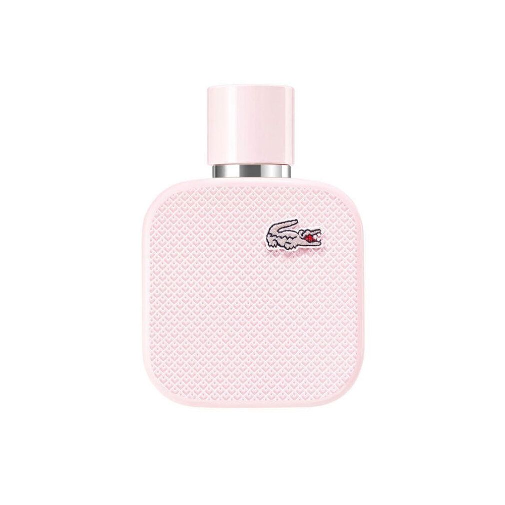 Flacon rose, col argenté, bouchon rose. Logo crocodile. Forme carrée, surface gaufrée.