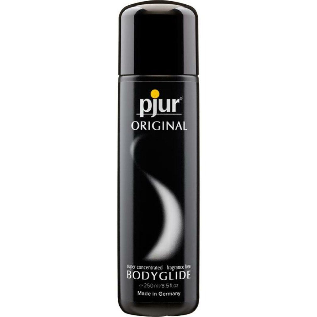 Flacon noir avec logo jaune "pjur ORIGINAL". Texte: super concentrated no fragrance, BODYGLIDE, e 250ml/8.5 fl.oz, Made in Germany.