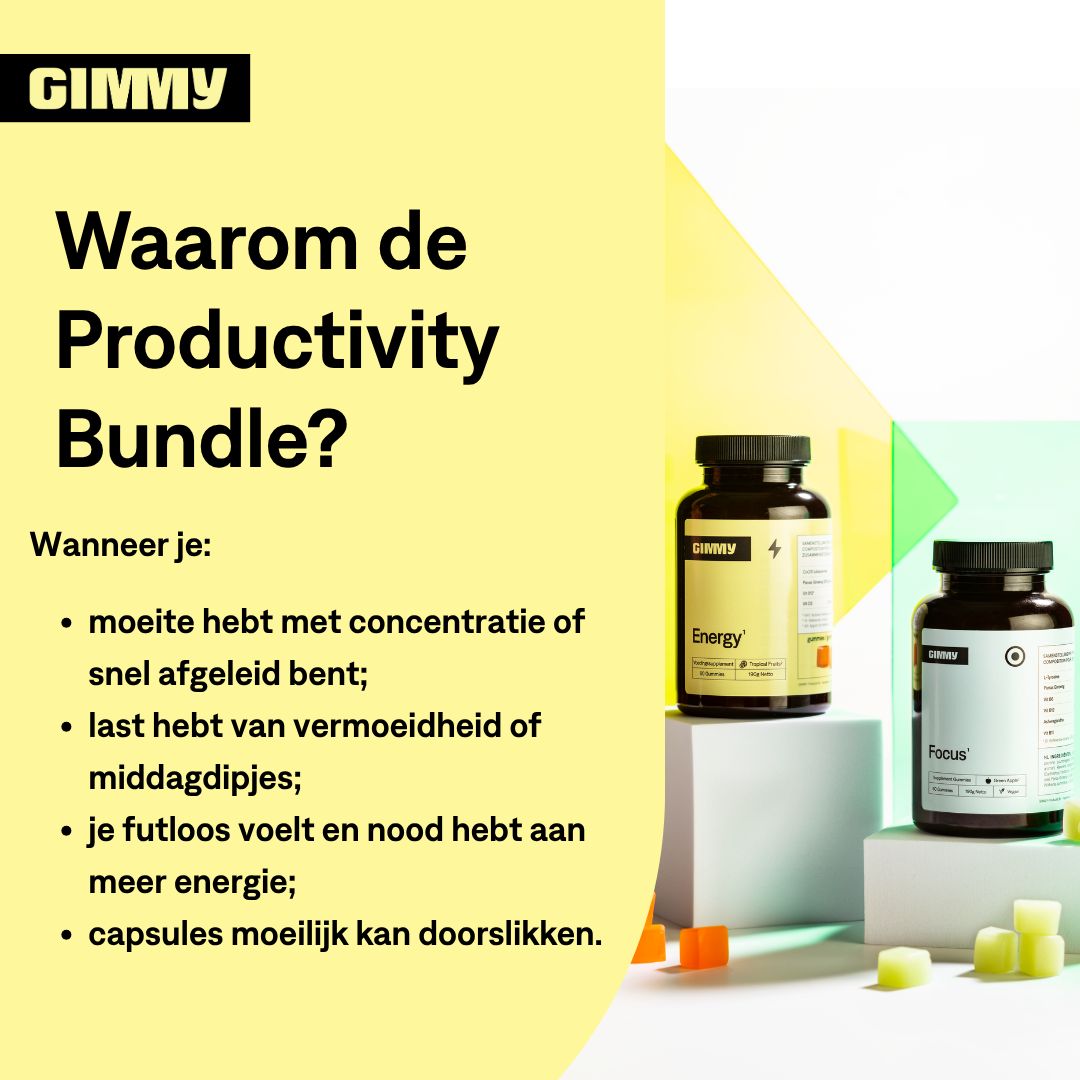 Twee flessen met zwarte doppen. Eén met geel etiket, "Energy", de andere met wit etiket, "Focus". Tekst: "Waarom de Productivity Bundle?"