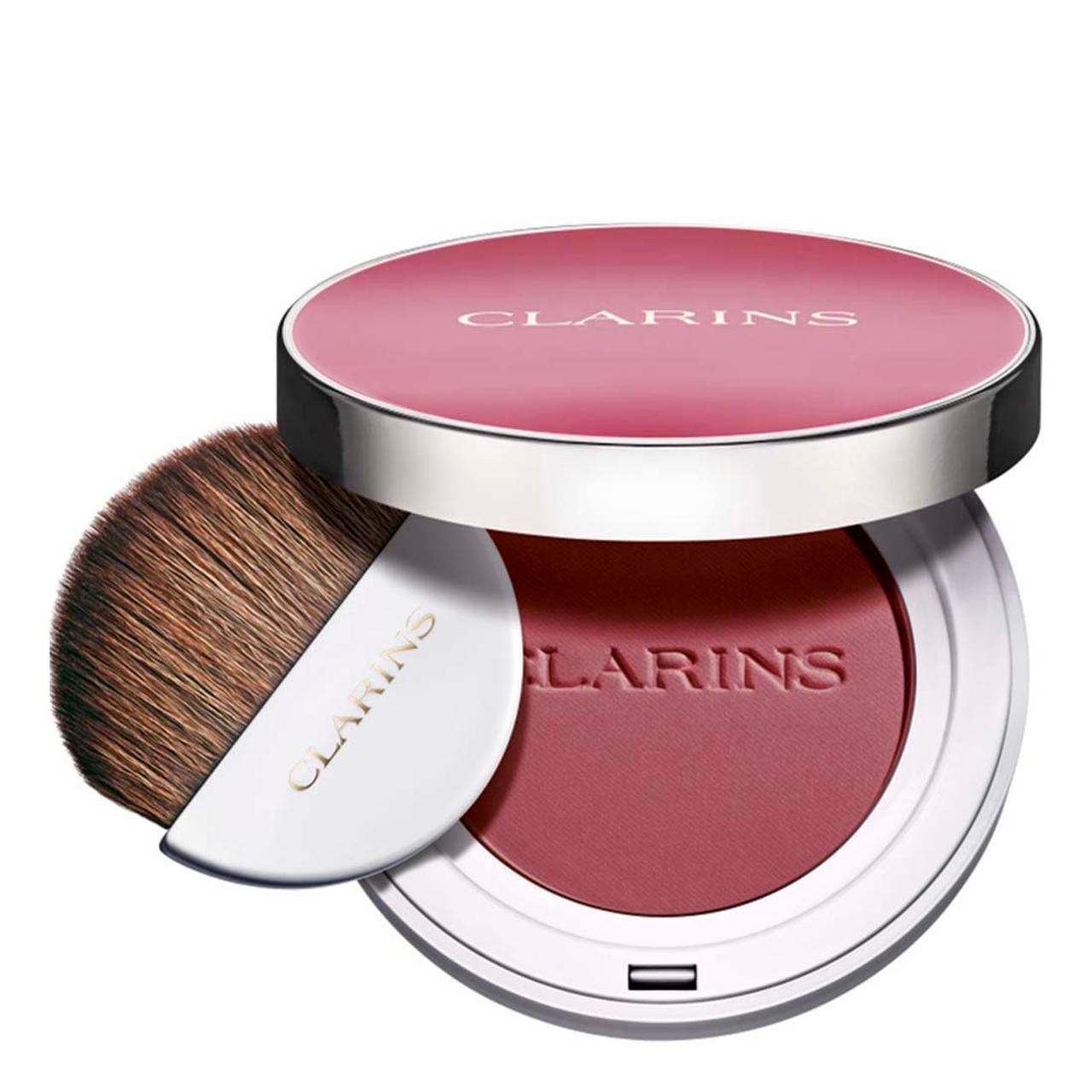 Boîtier de blush rond avec pinceau. Couvercle et manche avec nom de marque. Blush prune.