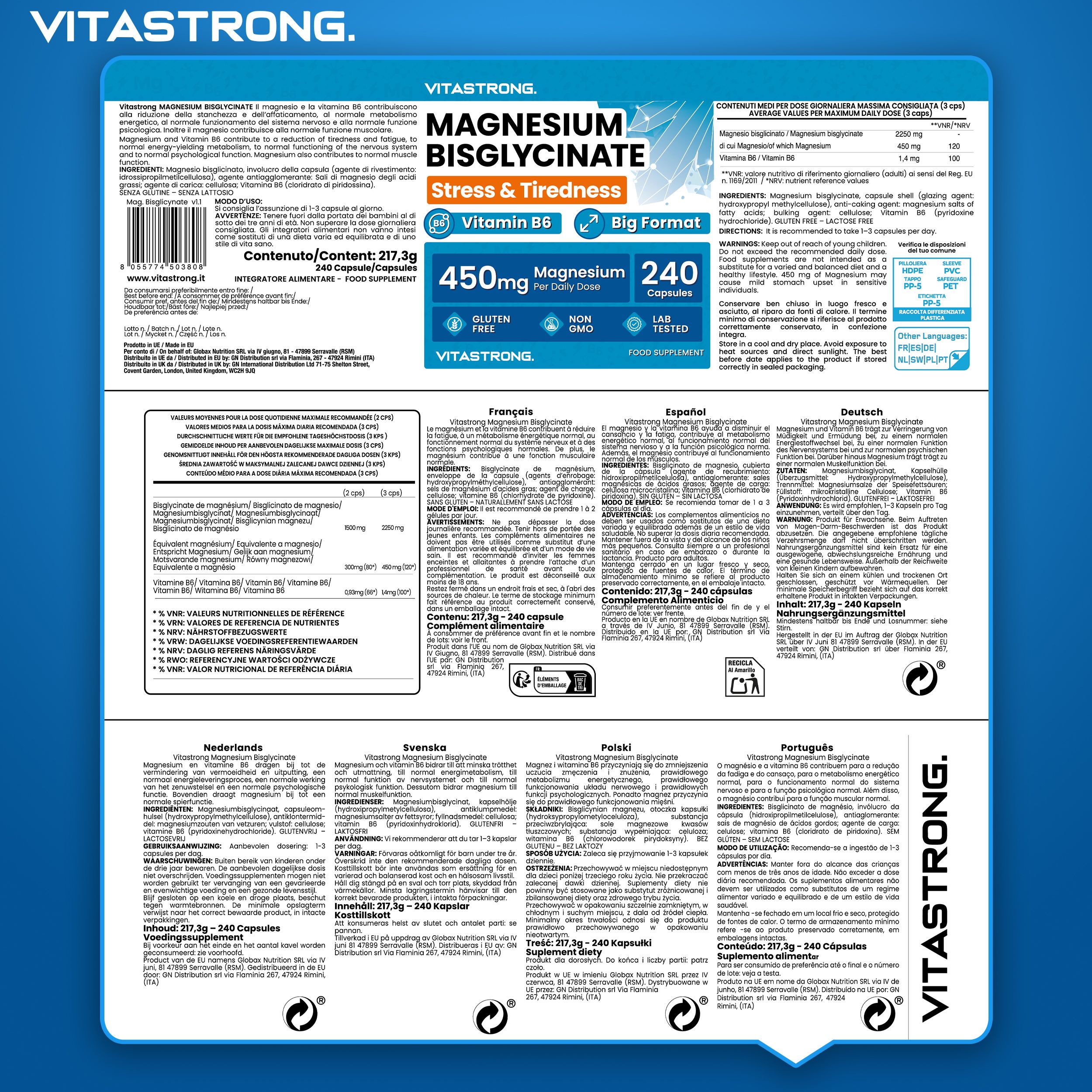 Dos de l'emballage Vitastrong Magnesiumbisglycinate. Contient des informations en plusieurs langues.