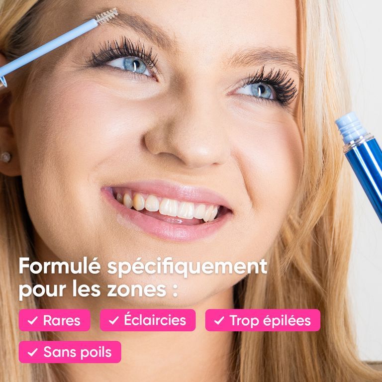 Gros plan d'un visage utilisant le sérum LUXE BROW pour sourcils clairsemés, éclaircis ou trop épilés. Le flacon bleu est visible.