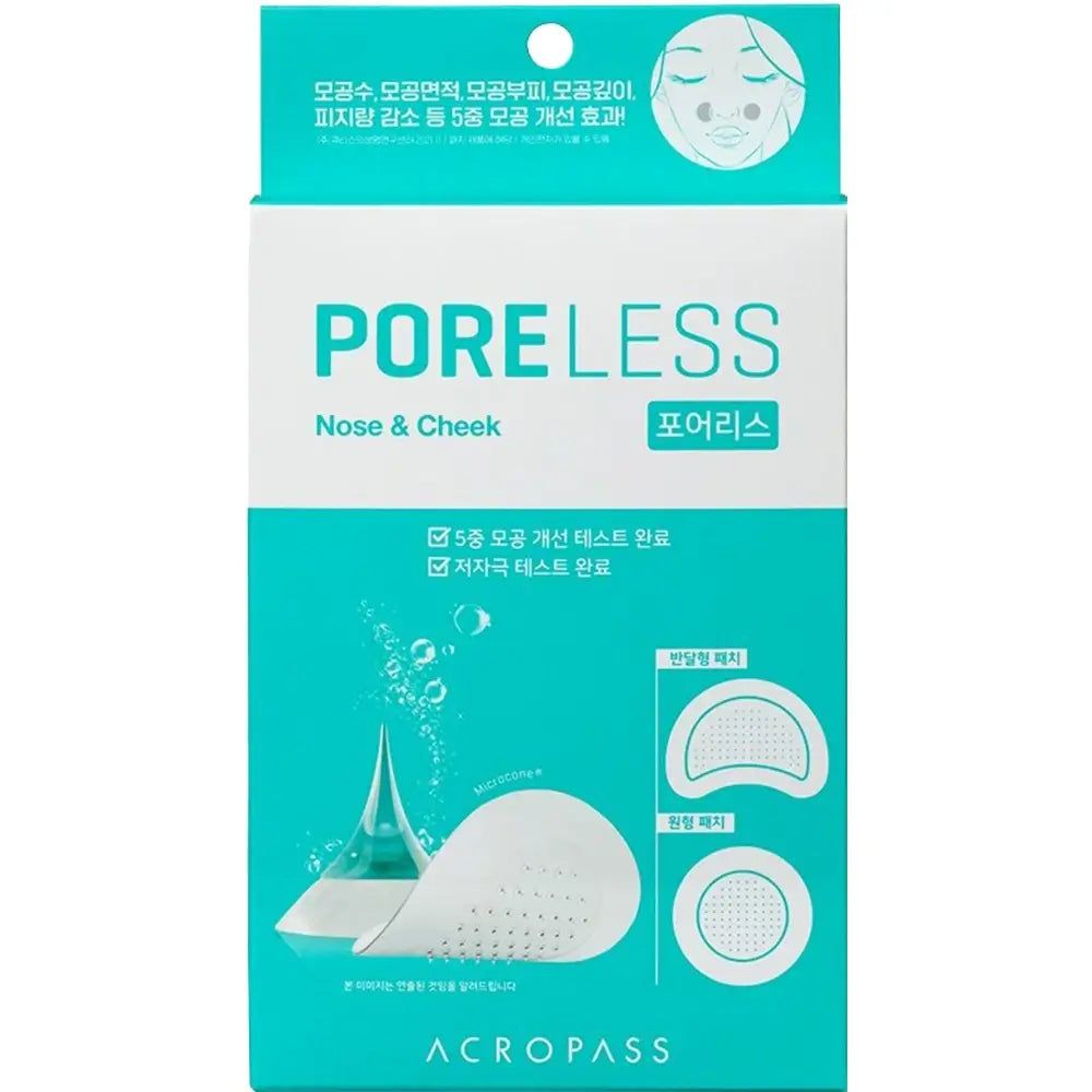Paquet ACROPASS Poreless avec nom et logo du produit. Contient une image du produit. Texte en coréen.