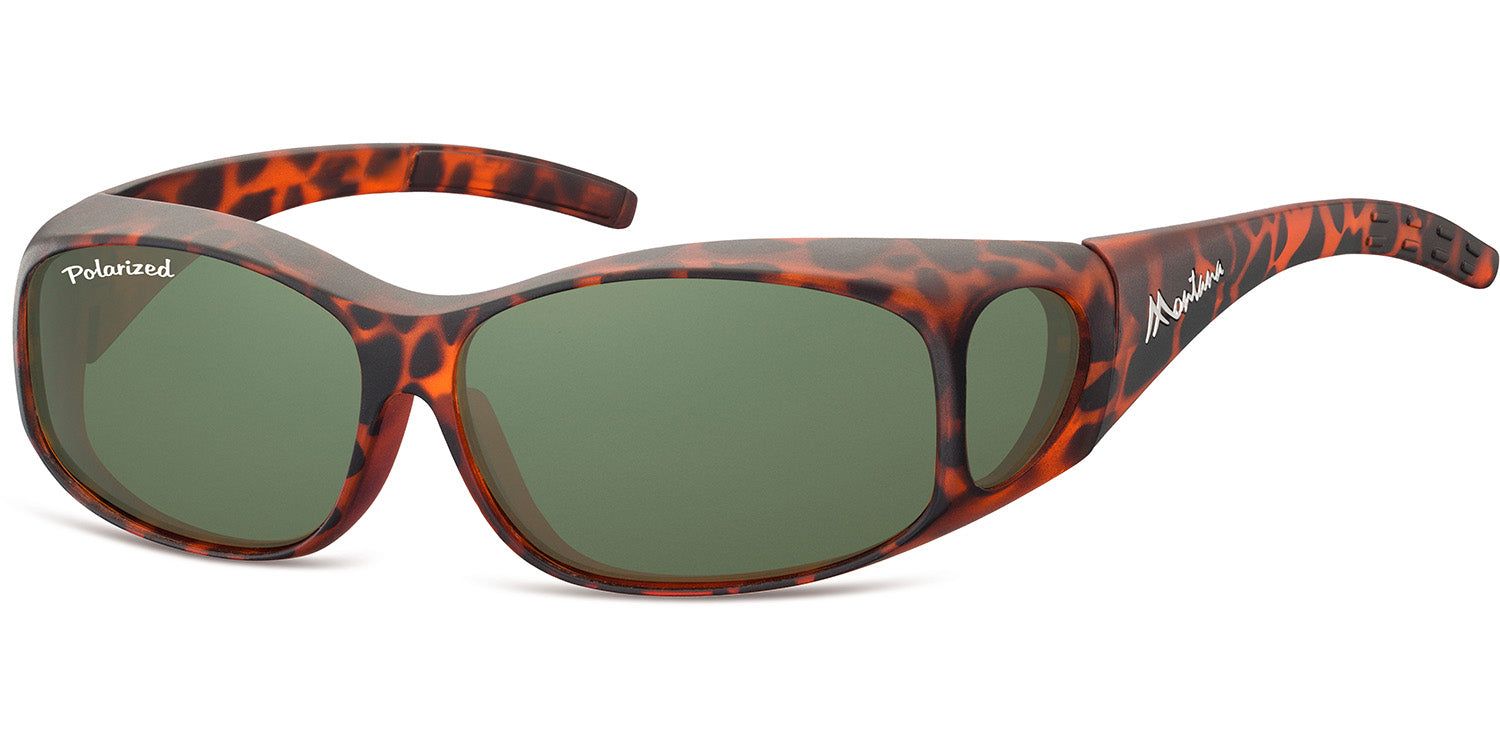 Lunettes de soleil à monture marron écaille, verres verts. 'Polarized' et 'Montana' sur la branche.