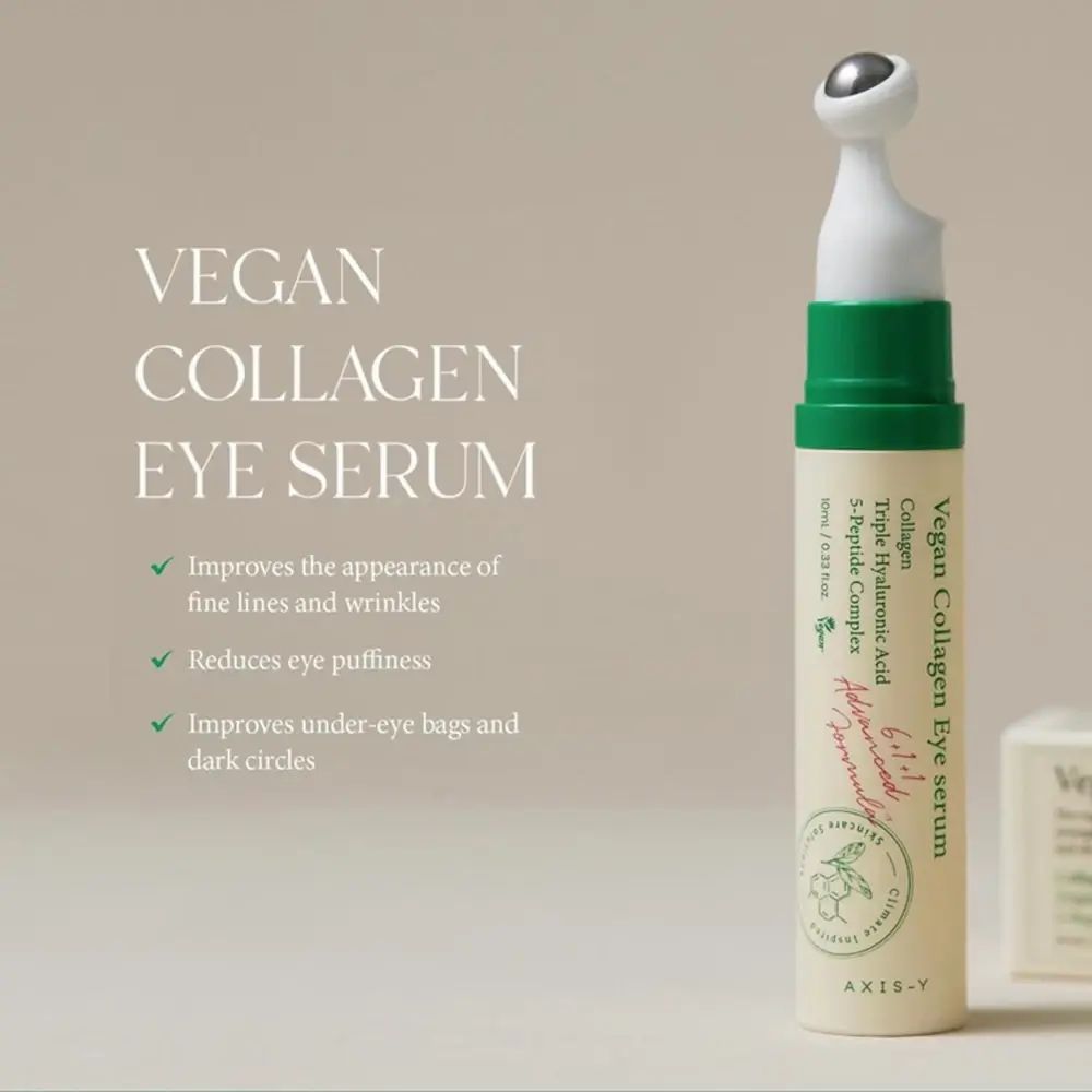 Produit avec applicateur. Texte : Vegan Collagen Eye Serum. Améliore les rides, les poches, les cernes.