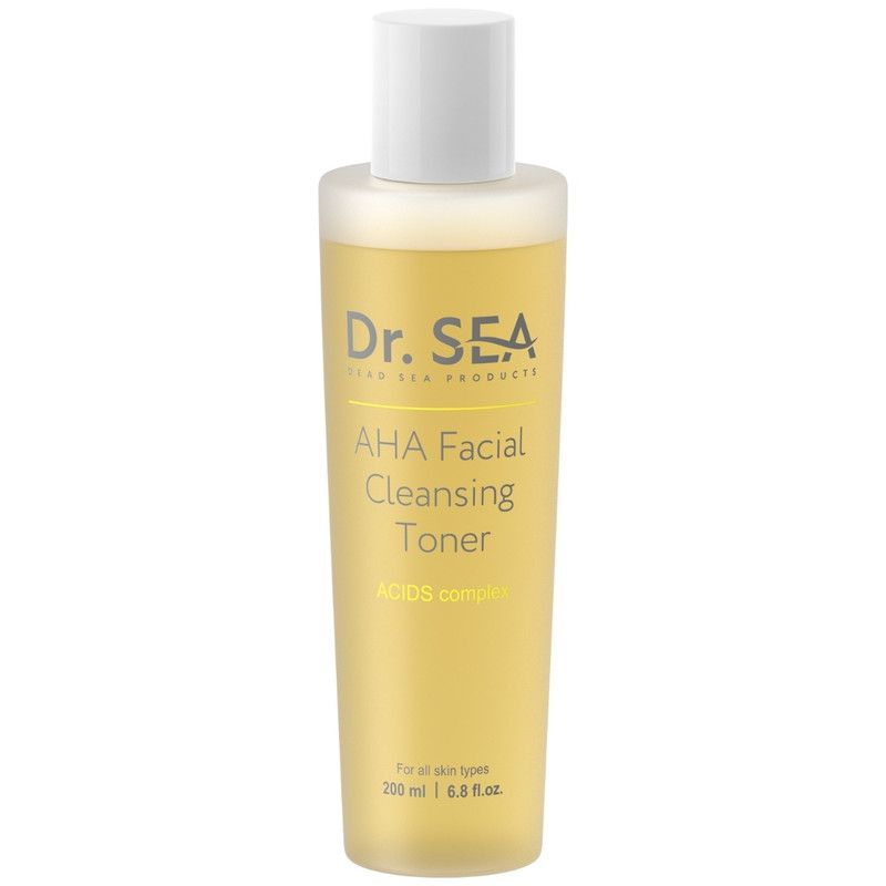 Dr. SEA AHA Facial Cleansing Toner. Gele vloeistof in een fles met witte dop. Tekst: AHA Facial Cleansing Toner.