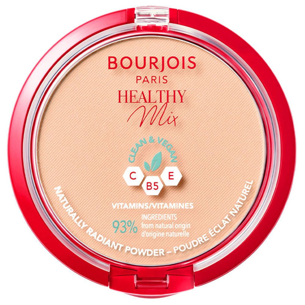 Boîtier de poudre rond, rouge et transparent. Inscription: Bourjois Paris Healthy Mix. Vegan, Vitamine C, B5, E. Poudre éclat naturel.