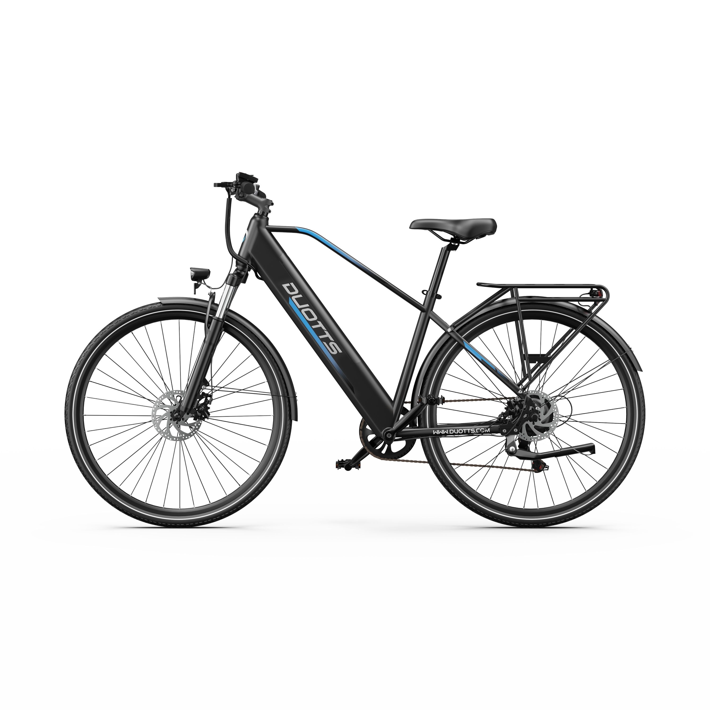 Vélo électrique DUOTTS C29Lite noir. Freins à disque, porte-bagages. Détails bleus sur le cadre. Vue latérale.