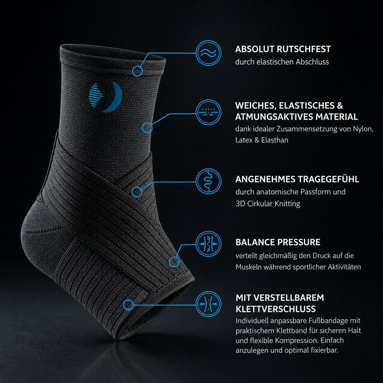 Zwarte enkelbrace met blauwe markeringen. Tekst: Antislip, ademend, comfortabel, balans, klittenbandsluiting.