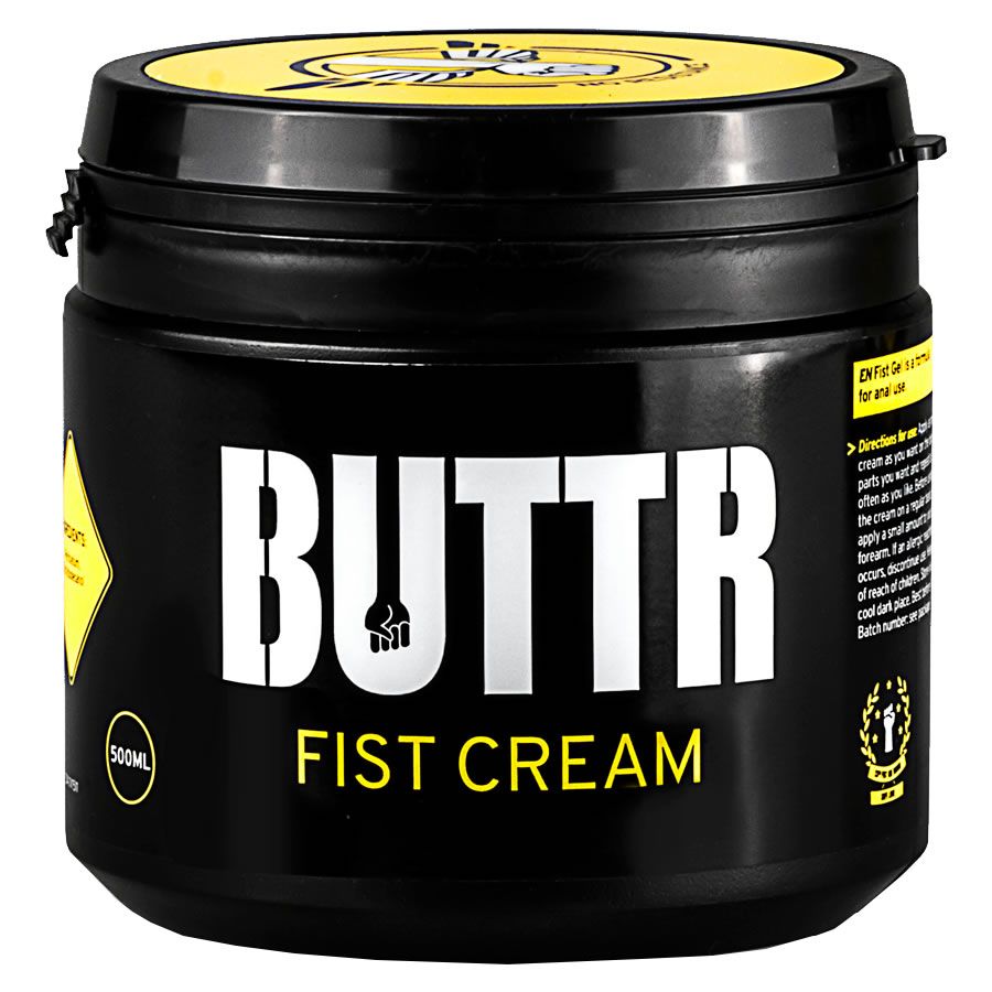 Pot noir avec couvercle jaune. Inscription Buttr, Fist Cream. Indication 500ml.