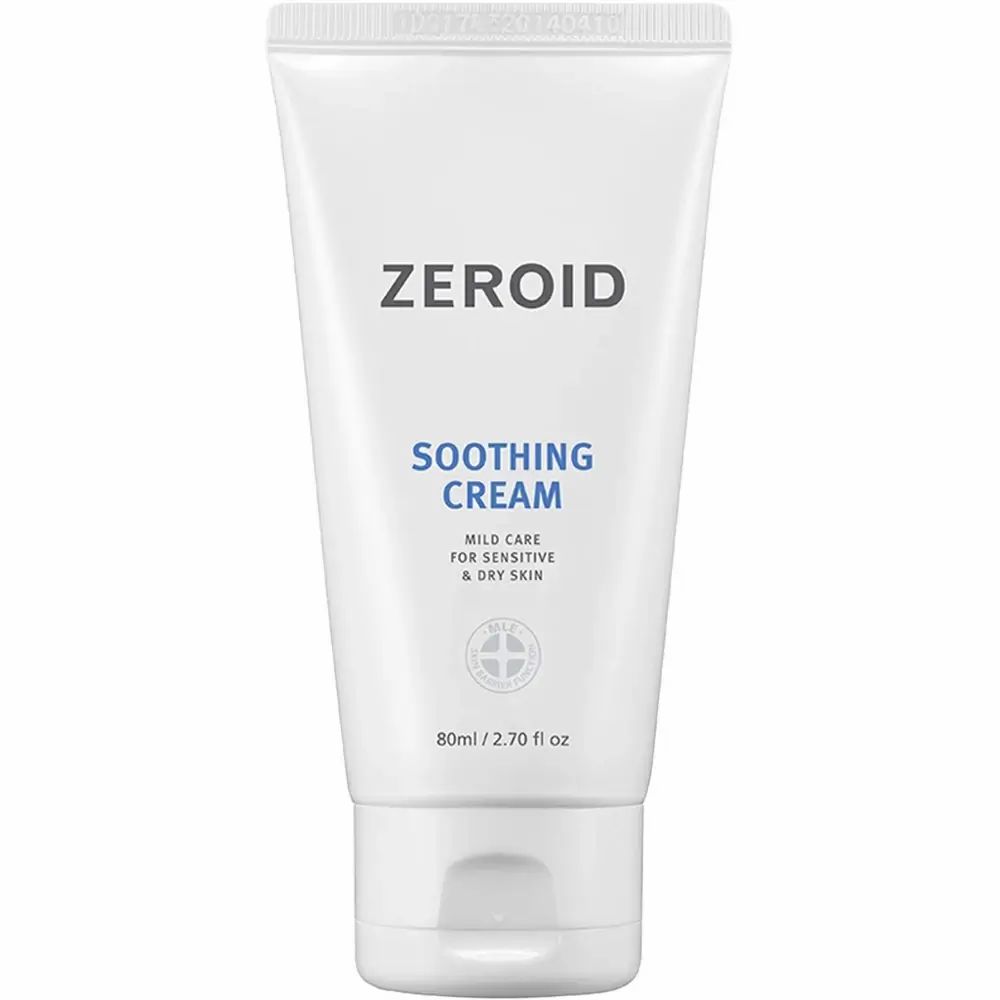 Tube blanche avec inscription bleue ZEROID Soothing Cream. 80ml/2.70 fl oz. Pour peaux sensibles.
