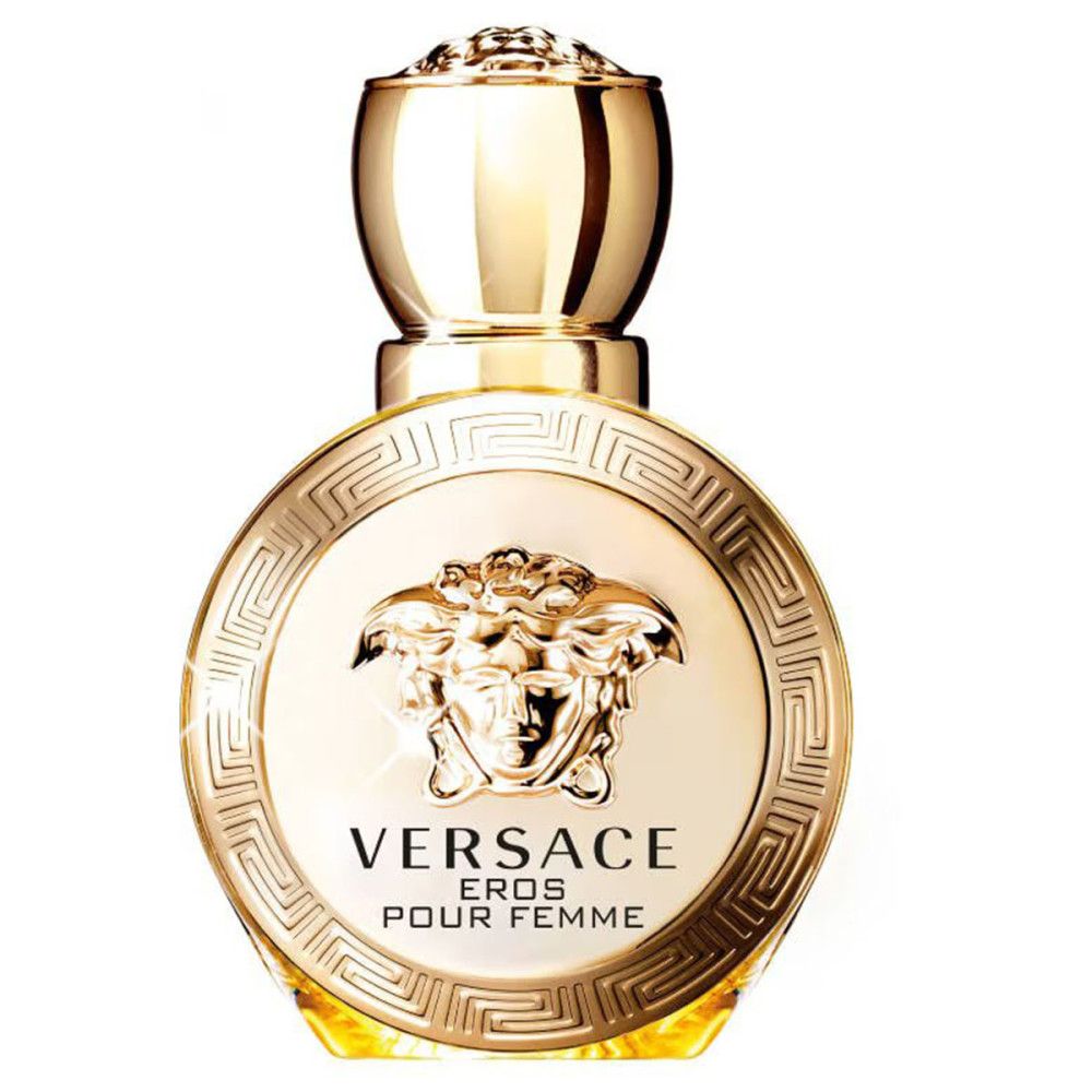 Flacon doré avec logo Versace et inscription « Eros Pour Femme ». Design rond avec bouchon doré.