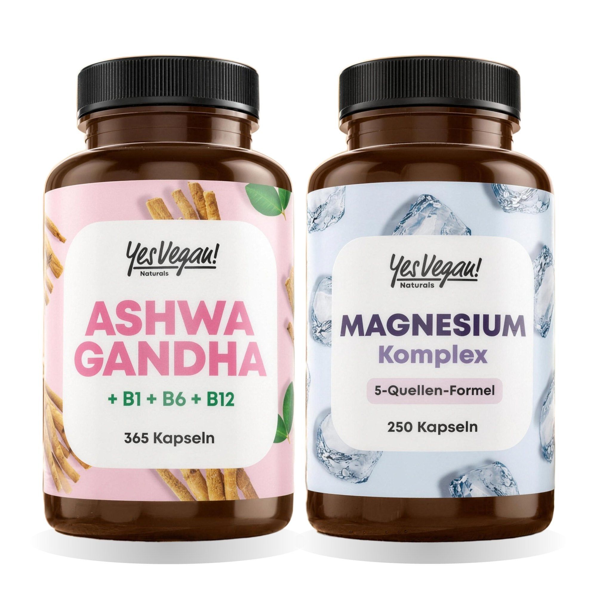 Deux bouteilles de compléments alimentaires : Ashwagandha avec vitamines B (365 gélules) et Complexe de Magnésium (250 gélules).