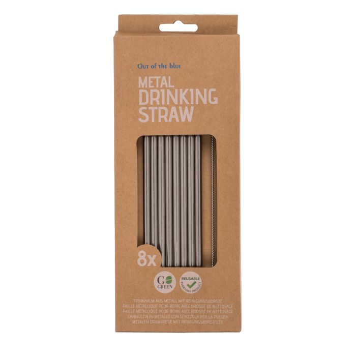 Paquet de pailles métalliques dans une boîte en carton. 8 pièces. Inscription : "METAL DRINKING STRAW". Avec labels "REUSABLE" et "GO GREEN".