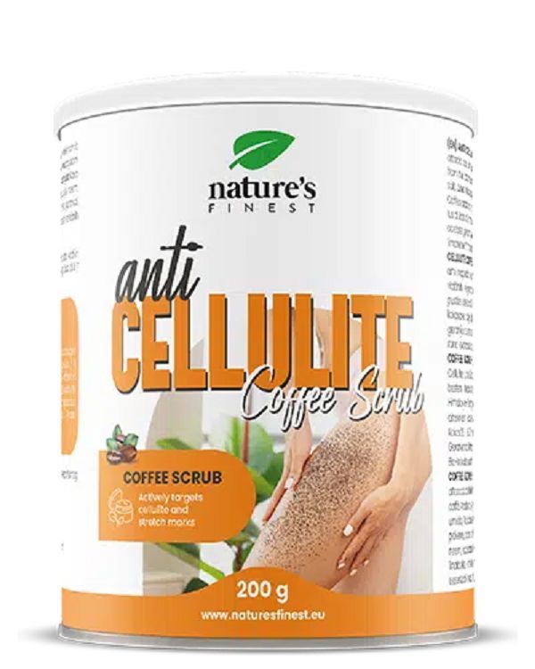 Blikje anti-cellulite koffiescrub. Oranje bodem, witte deksel. Opschrift: Nature's Finest, Anti Cellulite Coffee Scrub, 200 g.
