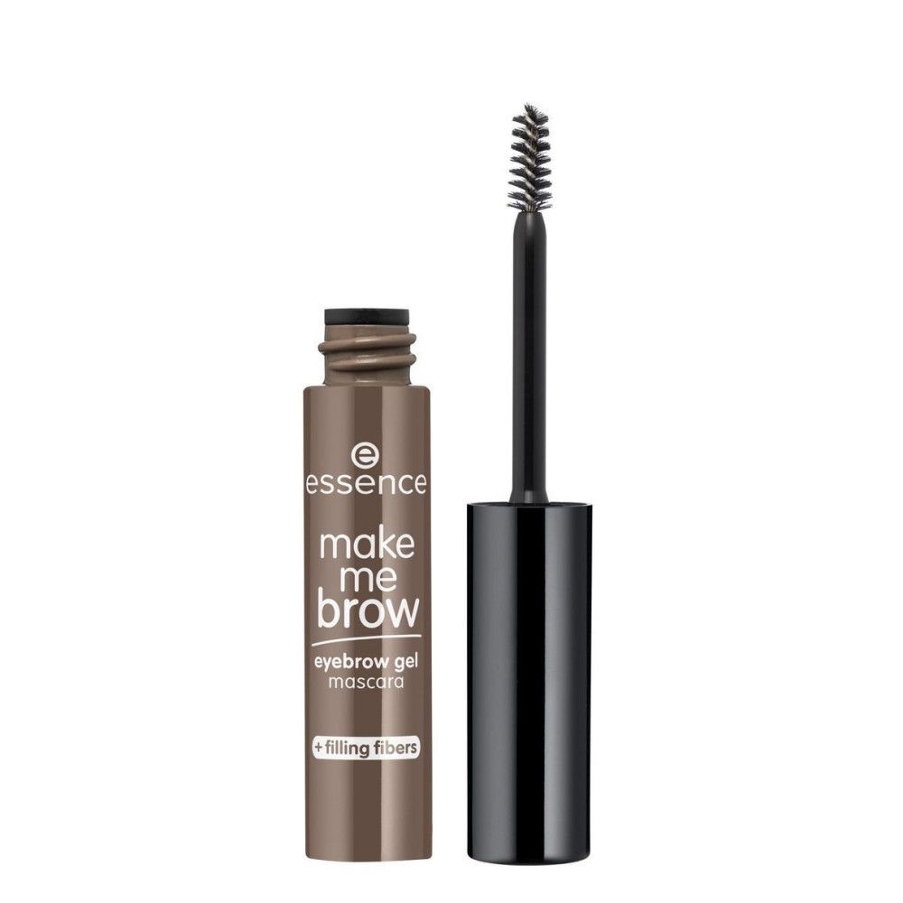 Wenkbrauwgel mascara met borstel. Bruine tube met zwarte dop. Opschrift: make me brow, eyebrow gel mascara, + filling fibers.