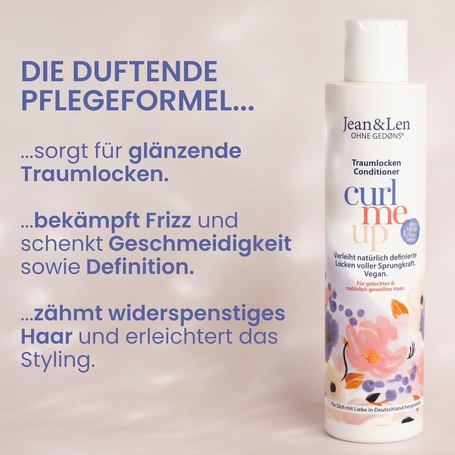 Bouteille de revitalisant Jean & Len Traumlocken. Texte : La formule parfumée... donne des boucles de rêve brillantes.