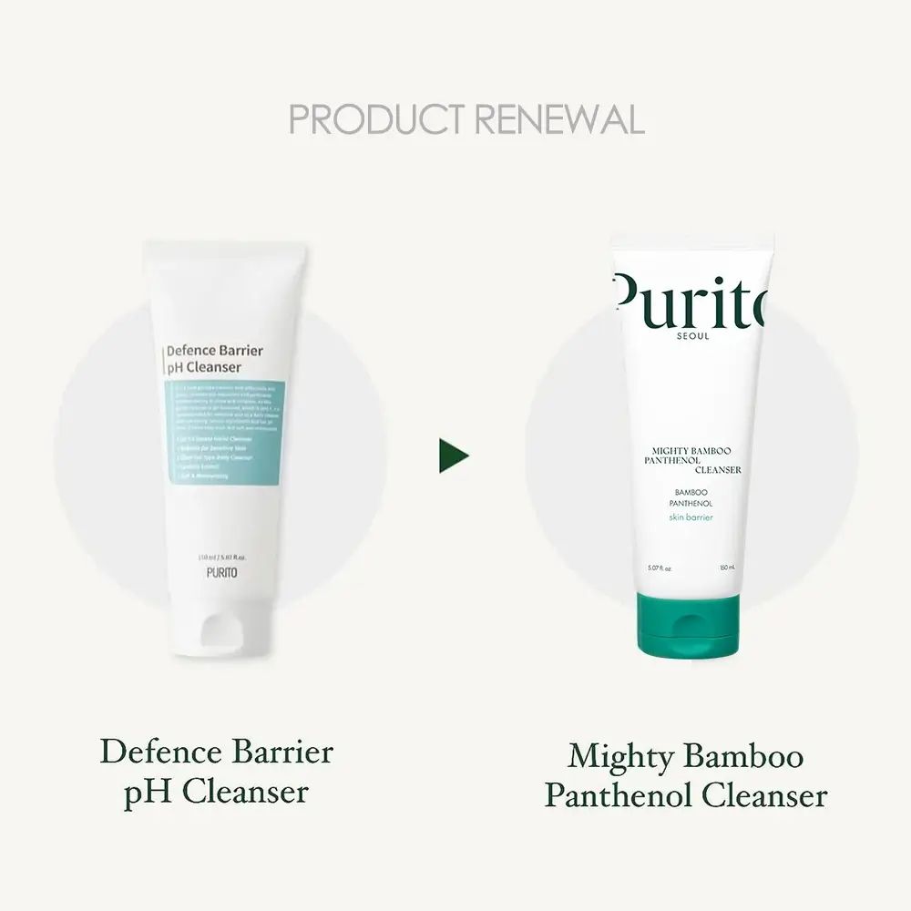 Comparaison de deux tubes. Gauche : Defence Barrier pH Cleanser. Droite : Mighty Bamboo Panthenol Cleanser.