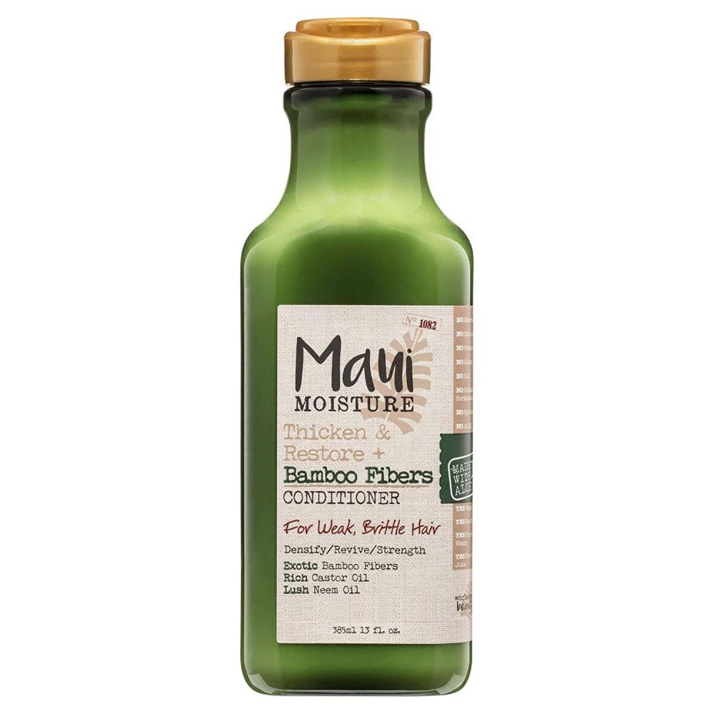 Bouteille verte avec bouchon doré. Inscription: Maui Moisture, Thicken & Restore + Bamboo Fibers Conditioner. Pour cheveux fragiles.