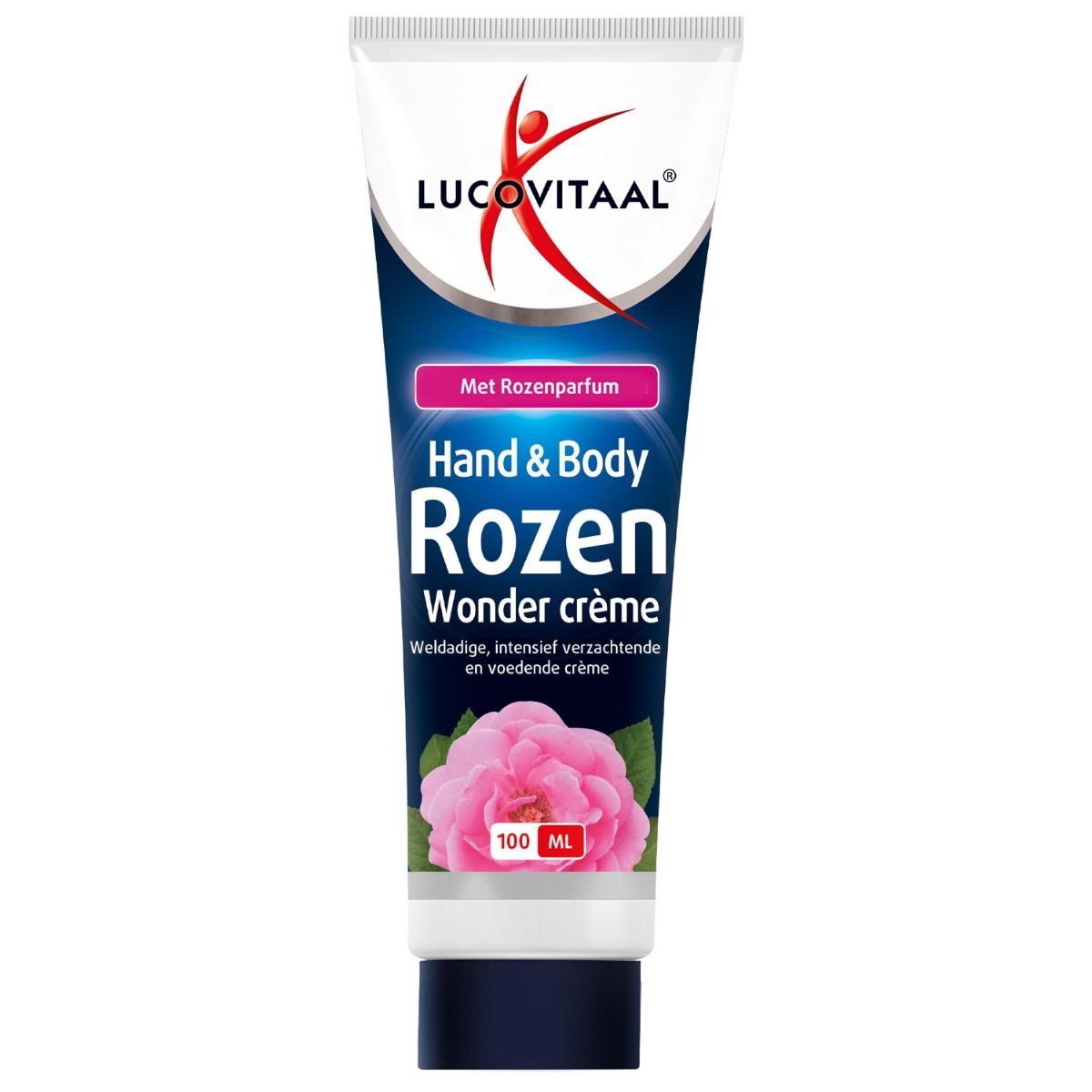 Crèmetube met 'Hand & Body Rozen Wonder crème'. Merklogo zichtbaar. Witte tube met blauwe dop en rozenafbeelding.