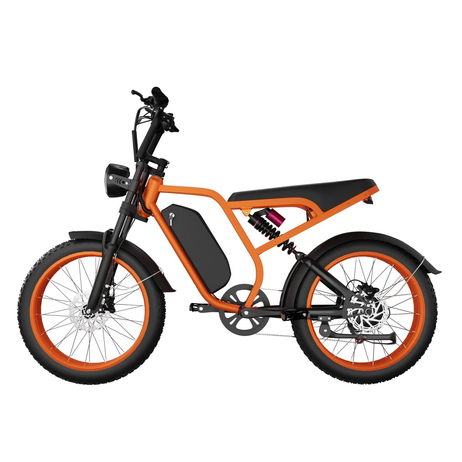 Vélo électrique tout-terrain orange. Éléments noirs : cadre, pneus, selle. Phare rond. Batterie sur le cadre.
