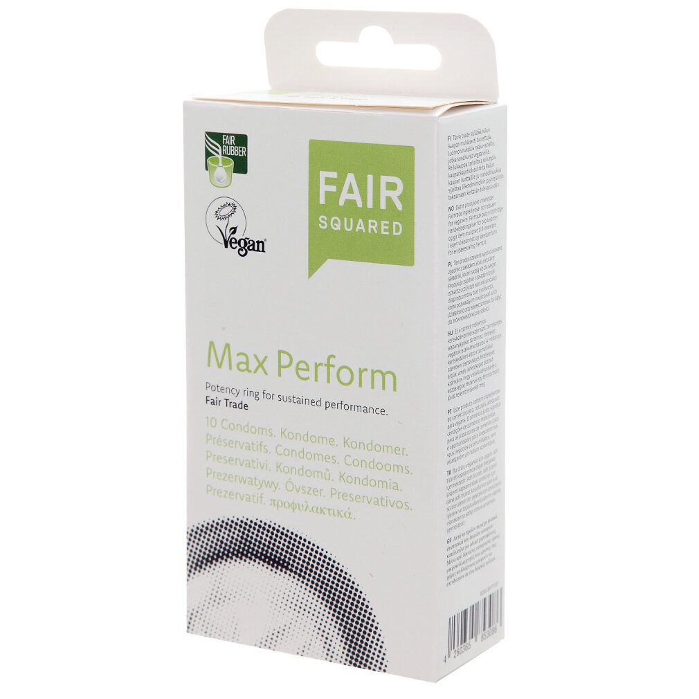 Boîte blanche avec logo FAIR SQUARED et texte "Max Perform". Logos Vegan et Fair Rubber. Texte multilingue.