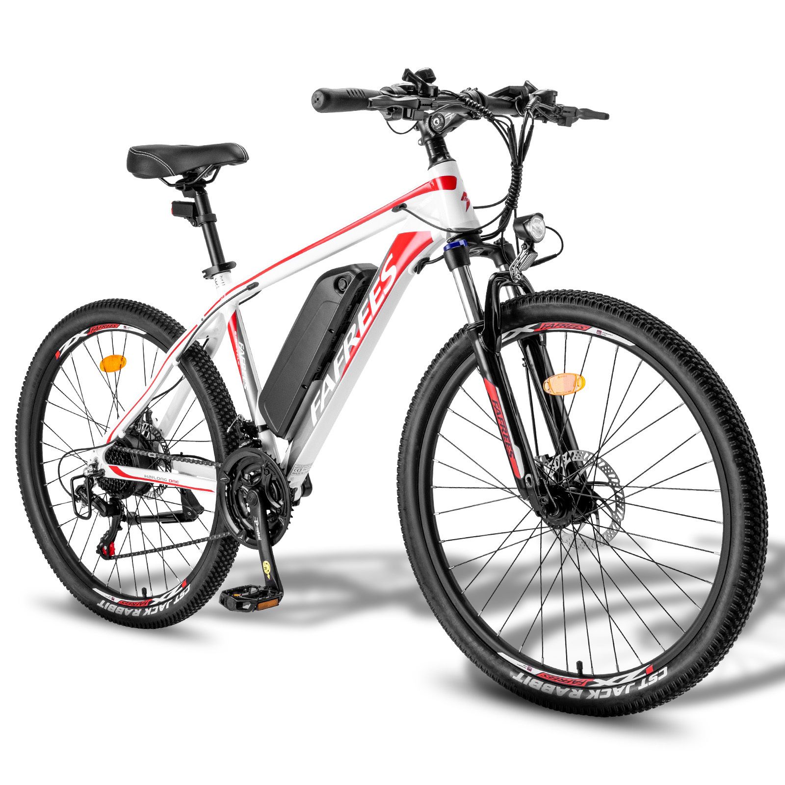 VTT électrique, blanc avec détails rouges. Pneus, selle et batterie noirs. Marque Fafrees.