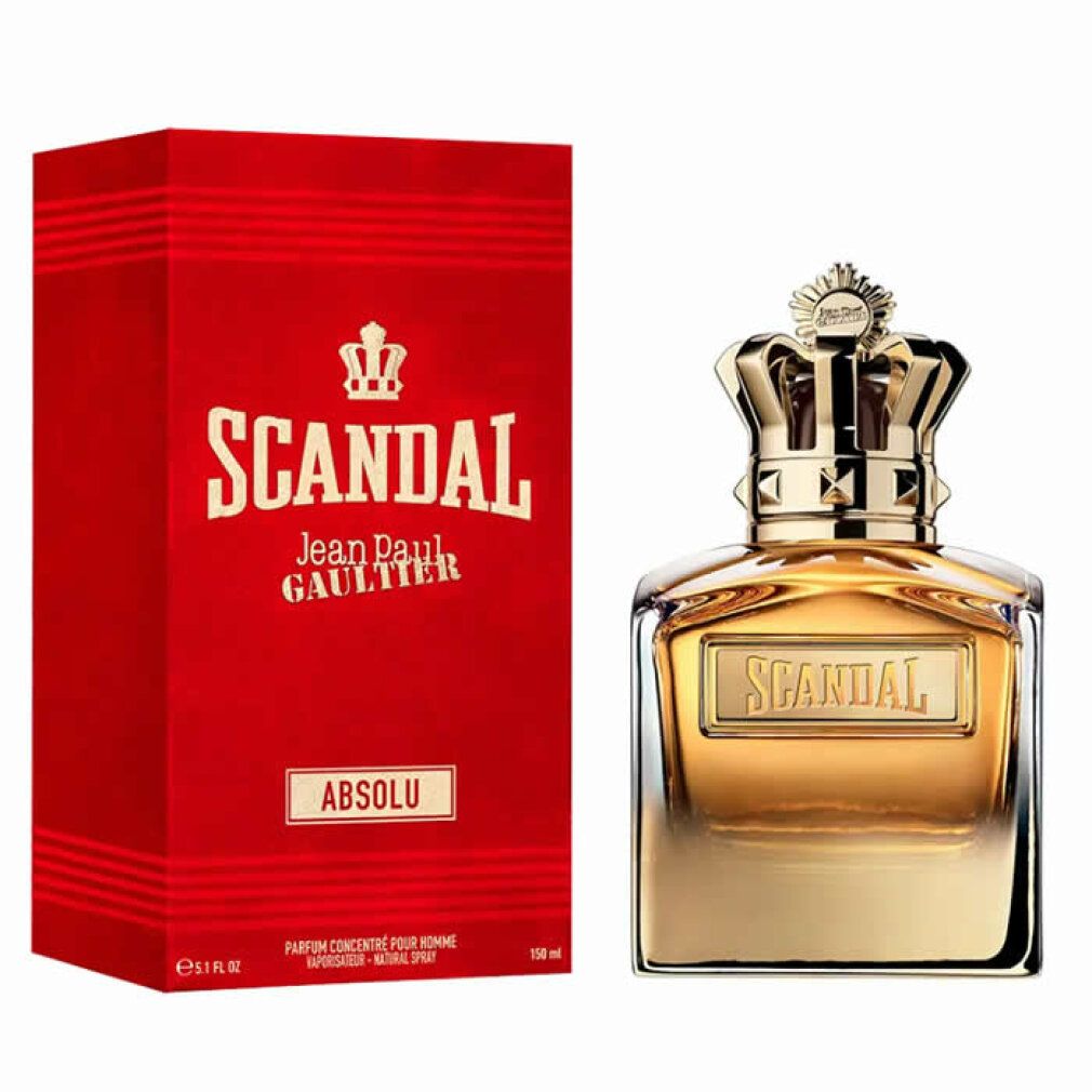 Parfumfles en rode verpakking. Fles met gouden kroon en opschrift "SCANDAL". Verpakking met "SCANDAL" en "ABSOLU".