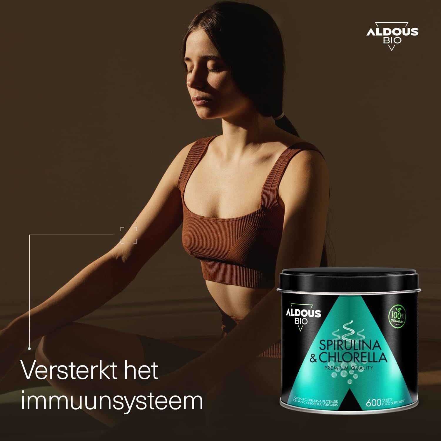 Aldous Bio Spirulina & Chlorella blik met 600 tabletten. Biologisch keurmerk zichtbaar.