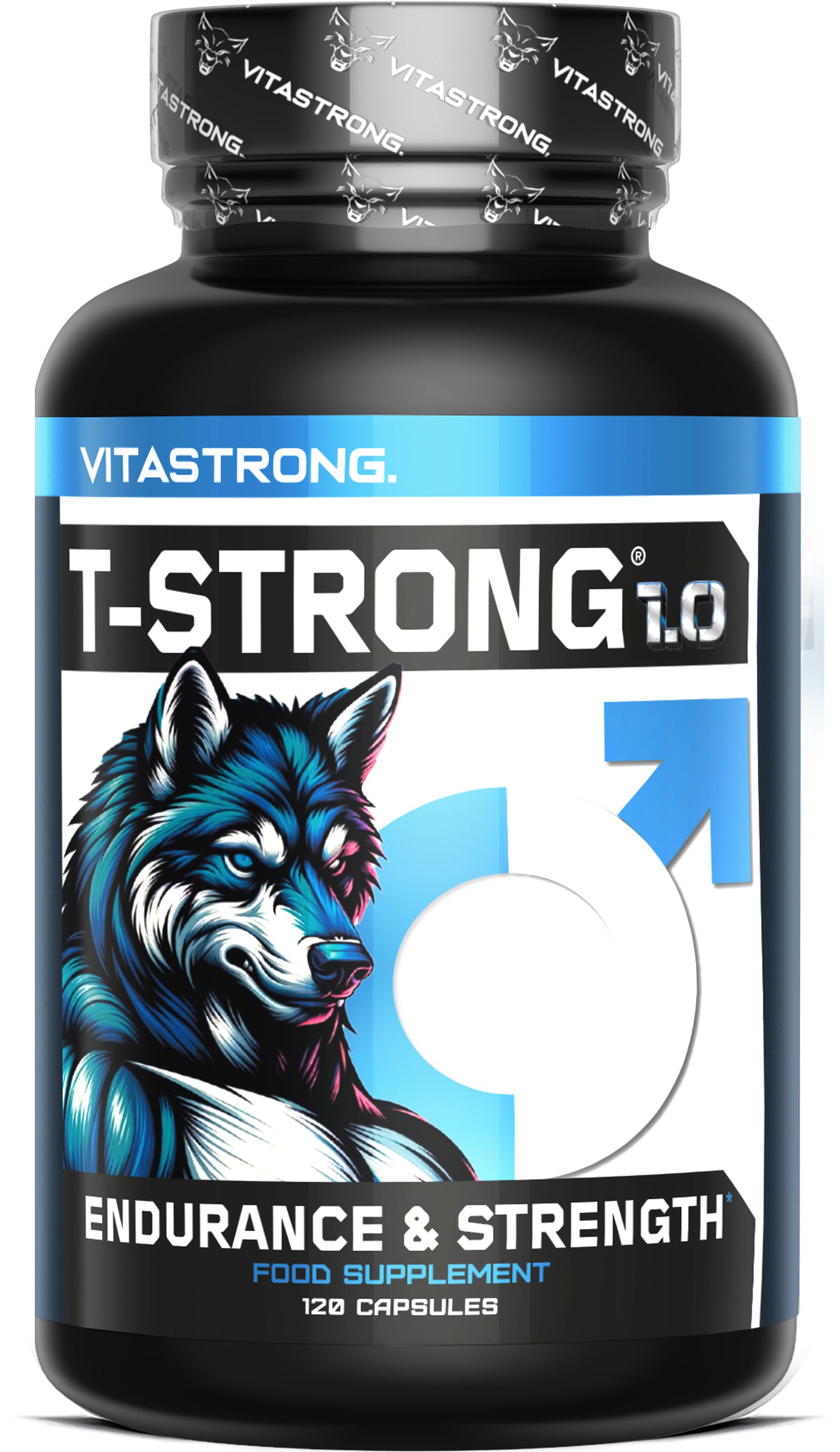 Zwarte pot met T-Strong logo, wolfafbeelding en mannelijk symbool. 120 capsules.