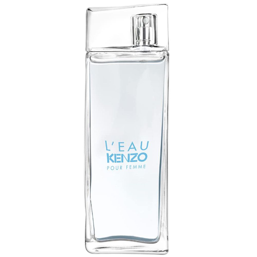 Rechthoekige glazen fles met verstuiver. Opschrift 'L'EAU KENZO POUR FEMME' in blauw.