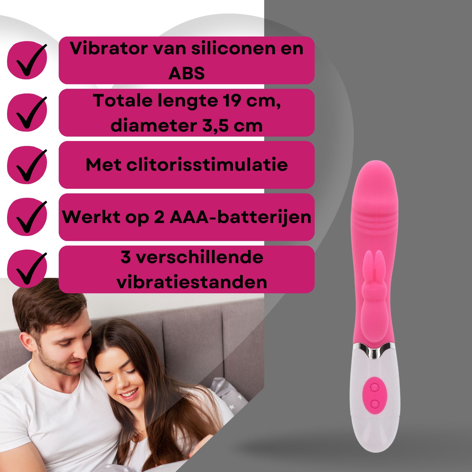 Roze vibrator met konijn-design. Clitorisstimulatie. Paar op de achtergrond. Op sokkel.