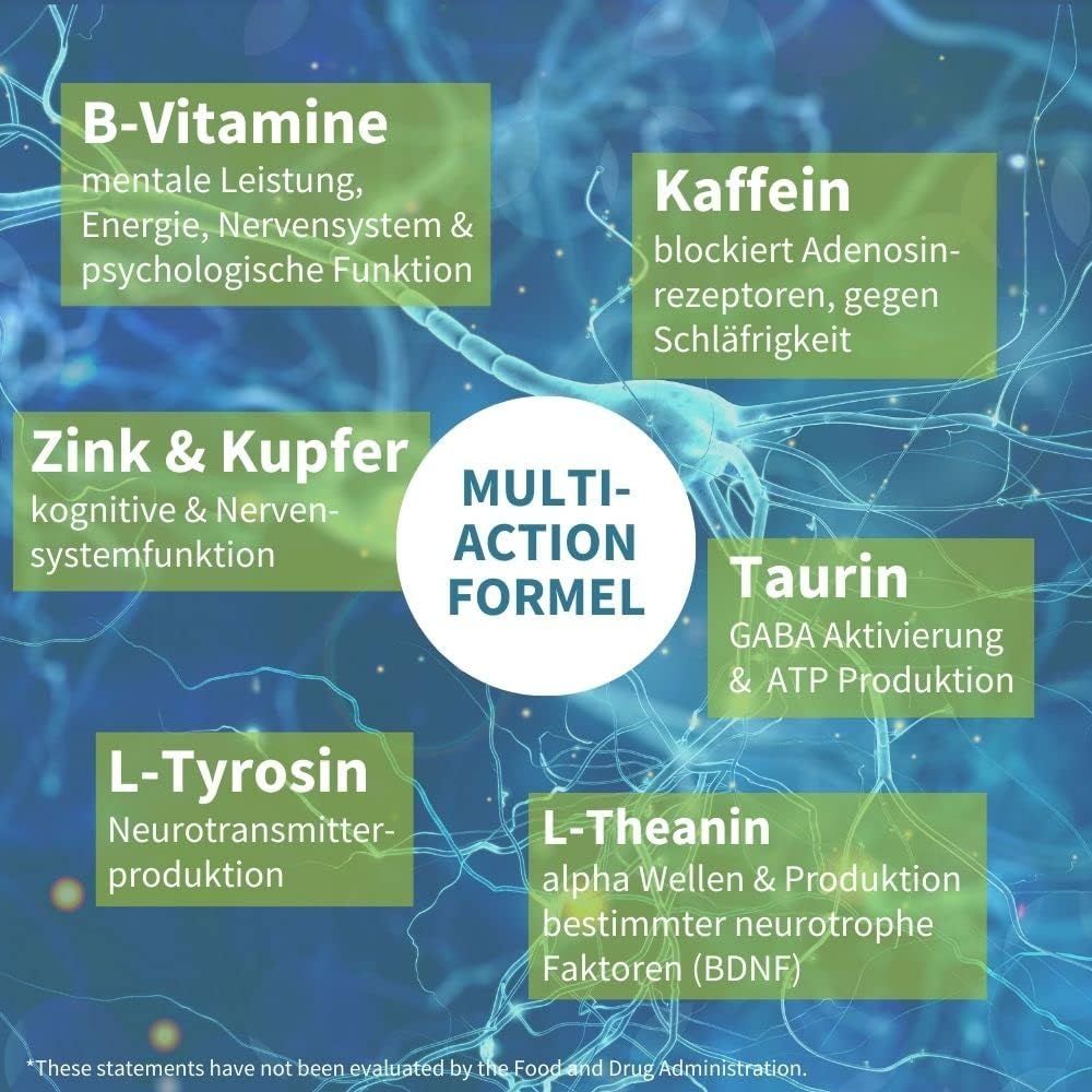 Multi-actie formule: Vitamine B, Zink, Koper, Cafeïne, Taurine, L-Tyrosine, L-Theanine.