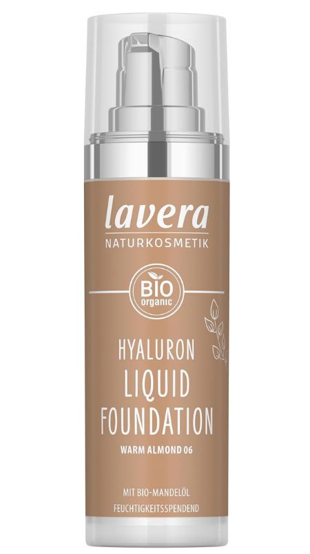 Flacon de Lavera Hyaluron Liquid Foundation. Warm Almond 06. Avec huile d'amande bio. Pompe et couvercle transparents.