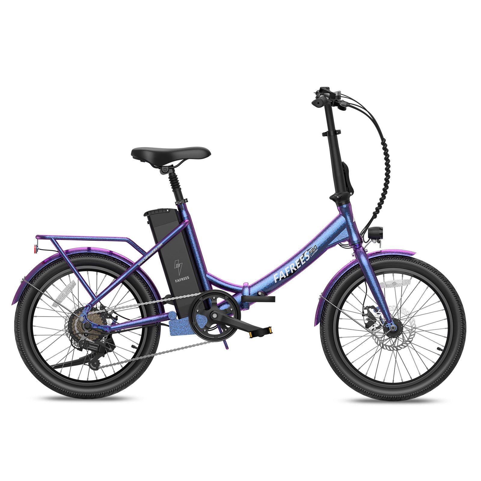 Vélo électrique bleu-violet avec selle noire et porte-bagages. Marque FAFREES.