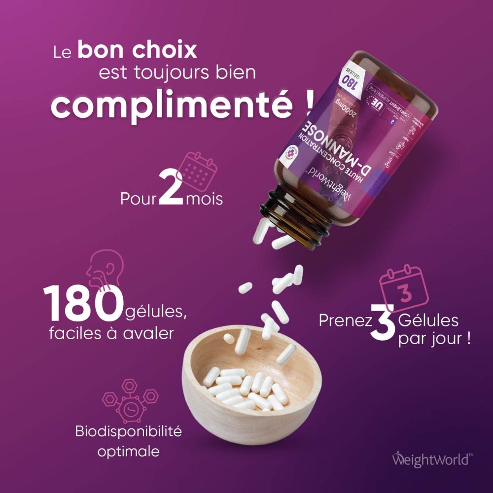 Texte : D-Mannose en gélules et en poudre. 666mg/gélule, facile à doser, prêt à l'emploi.