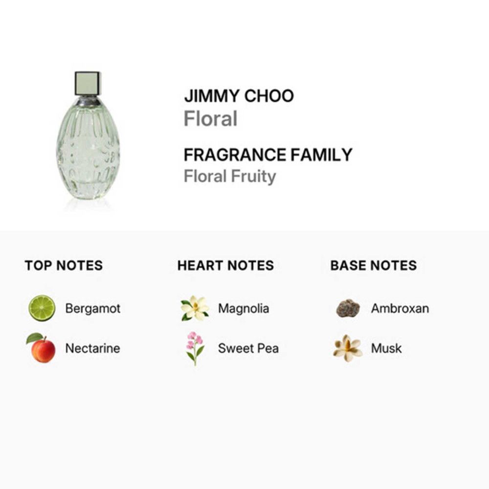 Jimmy Choo Floral geurnoten: Bergamot, Nectarine, Magnolia, Liseron, Ambroxan, Muskus.