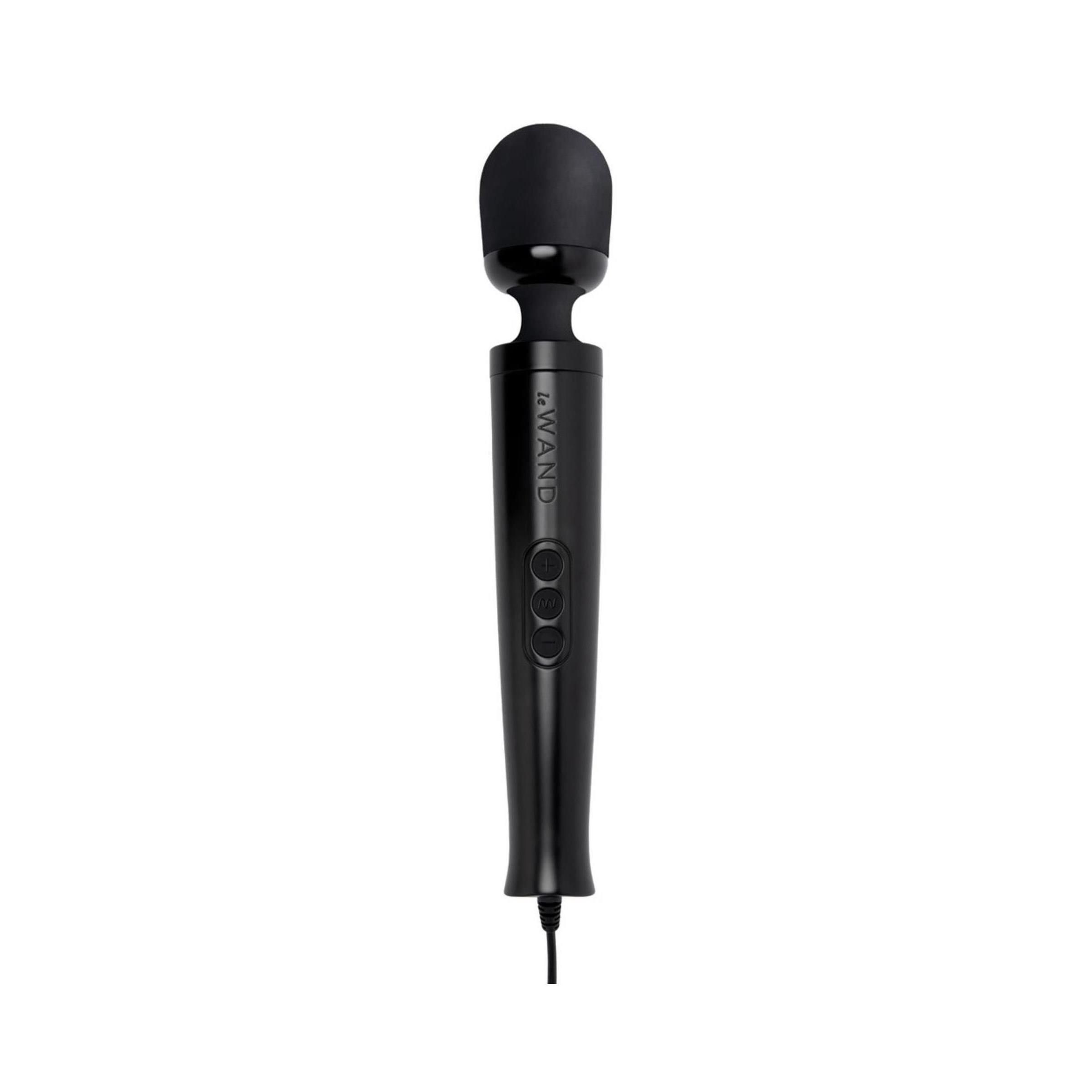 Zwarte massagestaaf "Diecast Plug-In" met drie bedieningsknoppen en kabel.