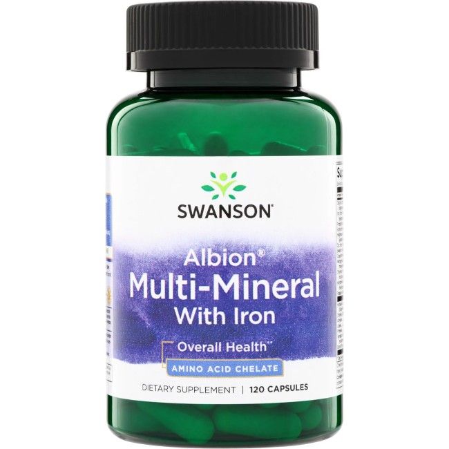 Flacon vert SWANSON Albion Multi-Mineral avec fer. Contient 120 gélules. Inscription: Amino Acid Chelate.